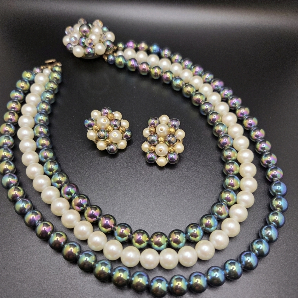 EVC IMMACULATE PARK LANE OIL SLICK/WHITE FAUX PEARLS CRYSTALS SET